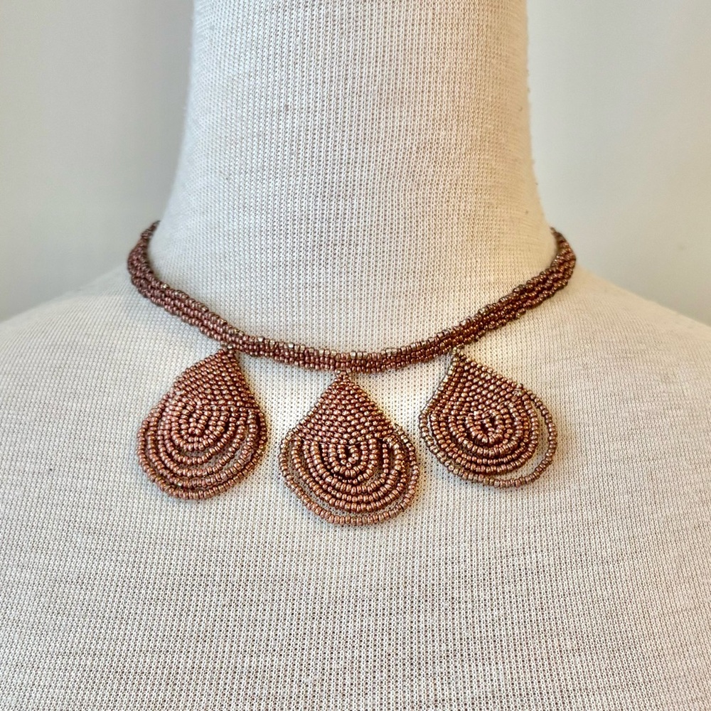 Vintage Beaded Choker Teardrop Necklace in Pale Champagne Coloured Seed Beads